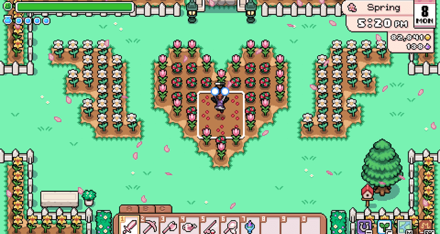 A heart-shaped flower garden on a spring farm in Fields of Mistria